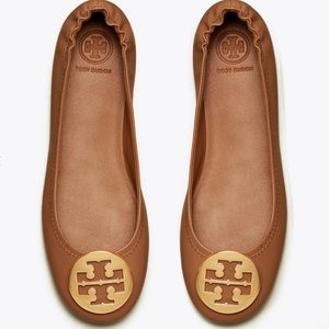 Tory Burch “Minnie” Royal tan with Gold emblem round toe ballet flat